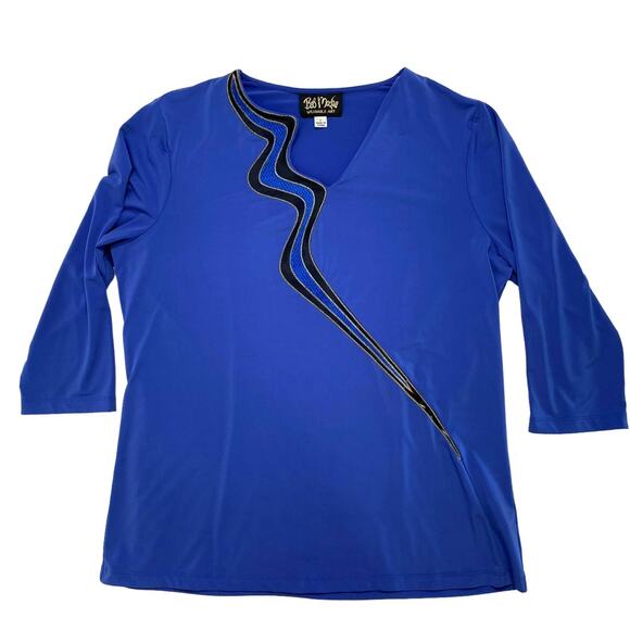 BOB MACKIE Blue Gold Riverway Design 3/4 Sleeve Jersey V-neck Top Size Large - Picture 4 of 10